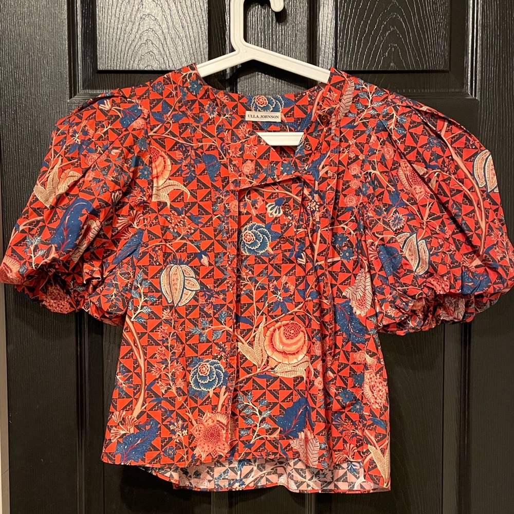 ULLA JOHNSON 100% Cotton Short Puff Sleeve Elise Hibiscus Floral Blouse 6 $495